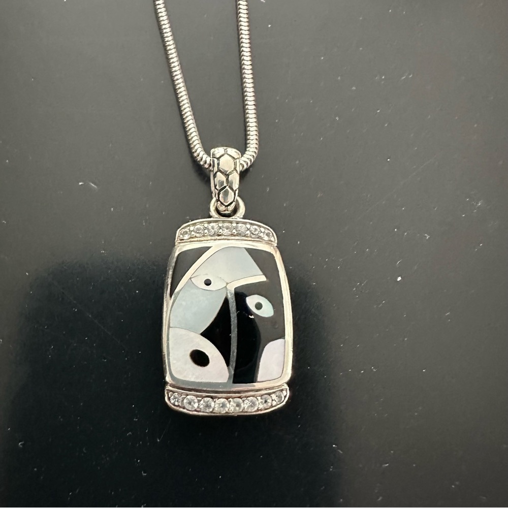 Asch Grossbardt Picasso onyx, mother of pearl white topaz silver necklace